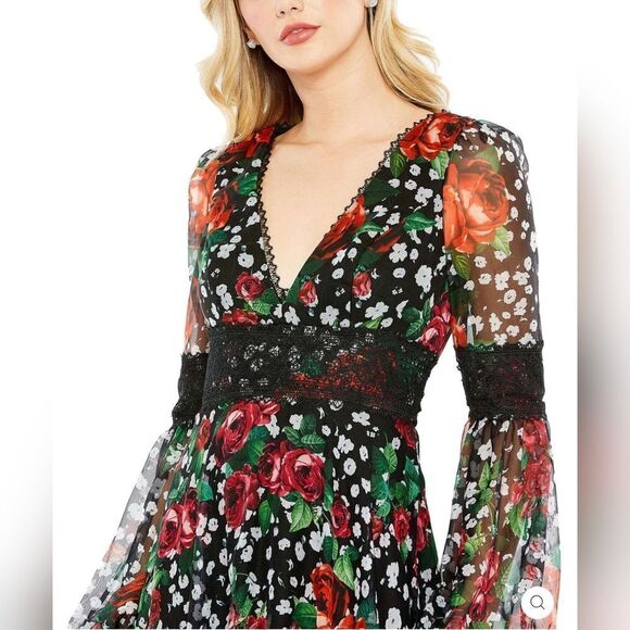 Mac Duggal V-NECK FLORAL LONG PUFF SLEEVE RUFFLE DRESS NWOT size 16 (11402) - Picture 3 of 6